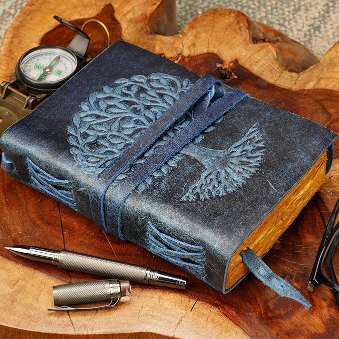 LUXEORIA Tree Of Life Leather Journal for Women and Men, Handcrafted Leather Journal for Writing Womens, Sketchbook, Travel Diary with Unlined Deckle Paper, Dark Blue 6x8