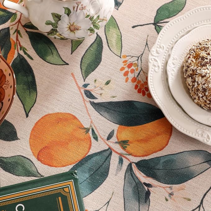 patdrea Designer Vintage Linen Rectangle Extra Long Table Cloth,Framhouse Oranges and Leaves Pattern French Tablecloth,Decor Cover for Kitchen Dining Christmas,Thanksgiving,63"x110"-Palladin a