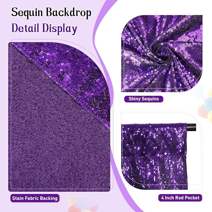 SquarePie Sequin Backdrop Curtain Not See Through Thick Glitter Background for Party 7FT x 7FT Purple