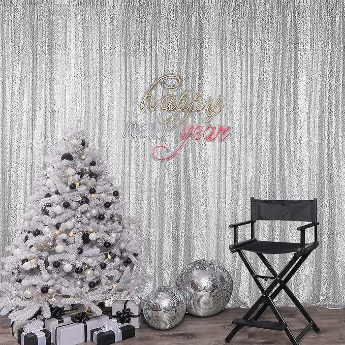 Hahuho Silver Sequin Backdrop Curtain, 4PCS 2FTx8FT Glitter Backdrop Curtain for Parties, Christmas, Wedding, Party Decoration（4 Panels, 2FT x 8FT, Silver