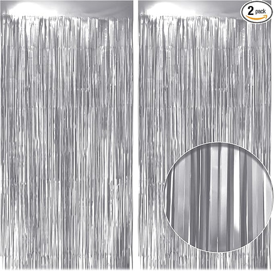 2 Pack Metallic Silver Fringe Backdrop, 3.2x8.2ft Shining Foil Tinsel Curtains, Birthday Party Decorations Door Streamers for Halloween, Christmas, Wedding, Graduation, Holiday, Theme Events