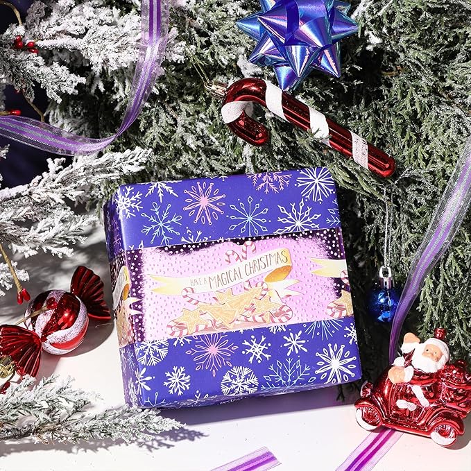 LeZakaa Christmas Purple Wrapping Paper Mini Roll, Have a Magical Christmas Cake Stand, Snowflake in Purple, Metallic Foil, Reversible Design for Winter Holiday Family Gathering, 17 inches x 32.8 Feet