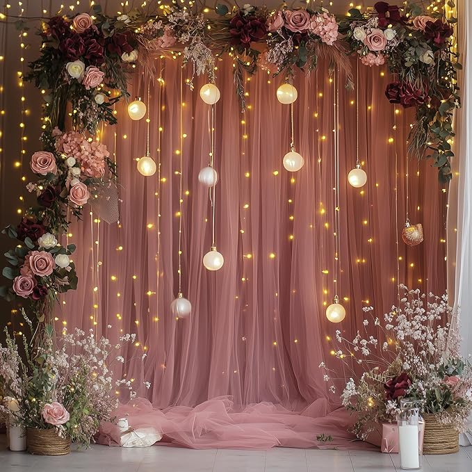 Fomcet Dusty Rose Tulle Backdrop Curtains with Lights String 10FT X 8FT Sheer Curtain with Lights Tulle Curtains Backdrop for Wedding Birthday Party Photo Shoot (2 Panels 5x8FT)