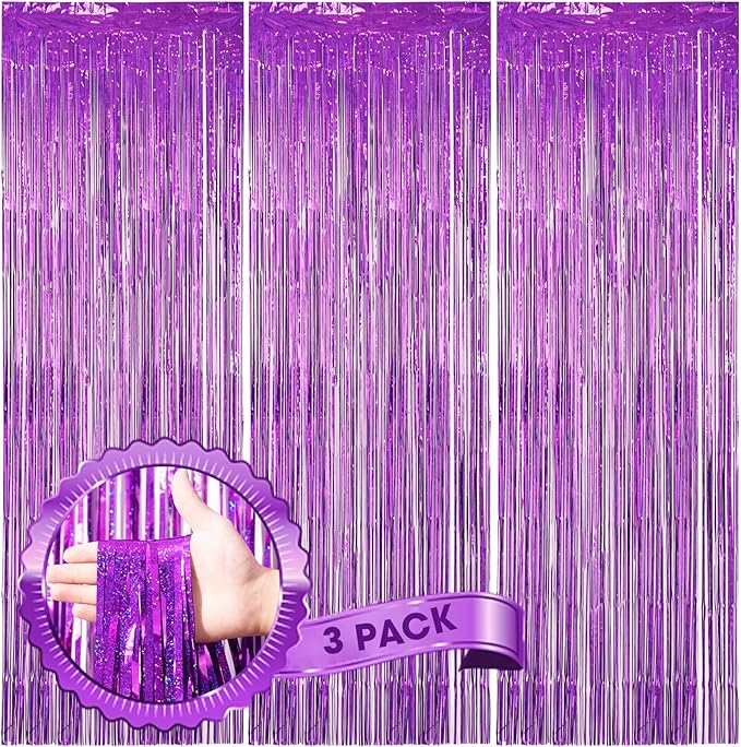 3 Pack 3.3 x 8.2 ft Laser Purple Foil Fringe Backdrop Curtains, Tinsel Streamers Birthday Party Decorations, Fringe Backdrop for Graduation, Baby Shower, Gender Reveal, Disco Party