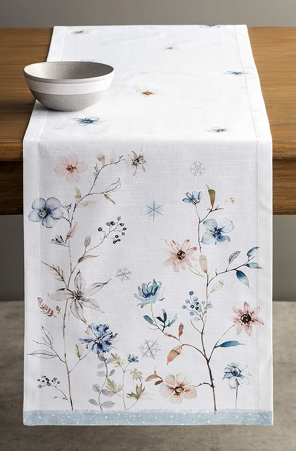 Maison d' Hermine Table Runner 100% Cotton Single Layer Table Runners 48 inches Long for Thanksgiving Christmas Decorations Home Kitchen Dining Party Wedding (Ice Florals, 14.5" x 48")