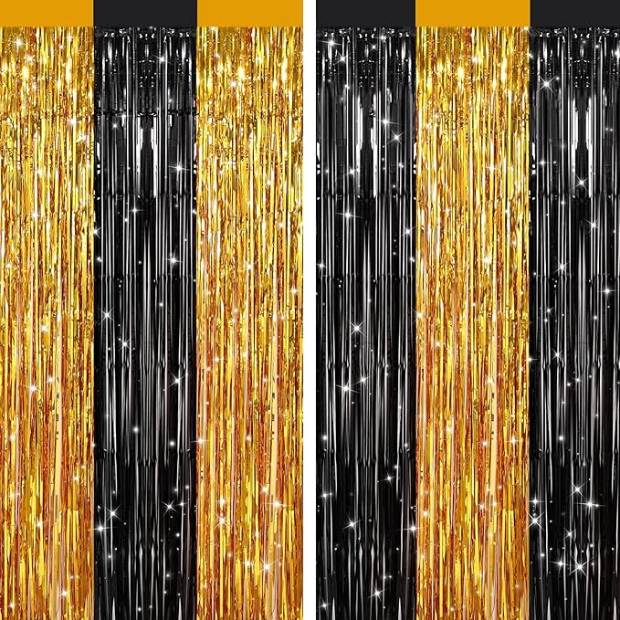 2 Pack Black Gold Metallic Tinsel Foil Fringe Curtains, Door Streamers Photo Booth Backdrop for Birthday Party, Tinsel Curtain Backdrop for Baby Shower Bachelorette Christmas Party Decorations