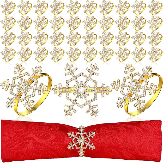 Patelai 100 Pieces Snowflake Napkin Rings Thanksgiving Christmas Napkin Holders Exquisite Household Rhinestone Napkin Rings Set for Christmas Wedding Dinner Party Table Decoration (Gold)