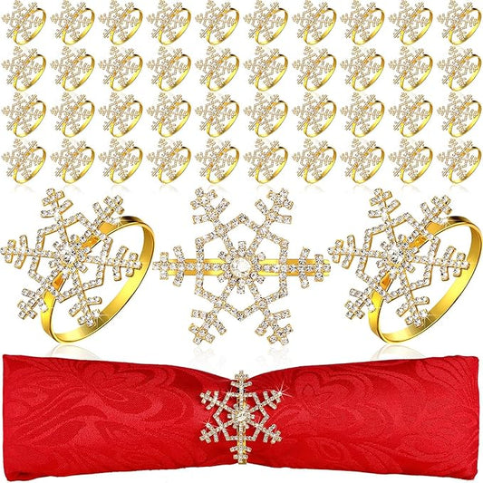 Patelai 100 Pieces Snowflake Napkin Rings Thanksgiving Christmas Napkin Holders Exquisite Household Rhinestone Napkin Rings Set for Christmas Wedding Dinner Party Table Decoration (Gold)