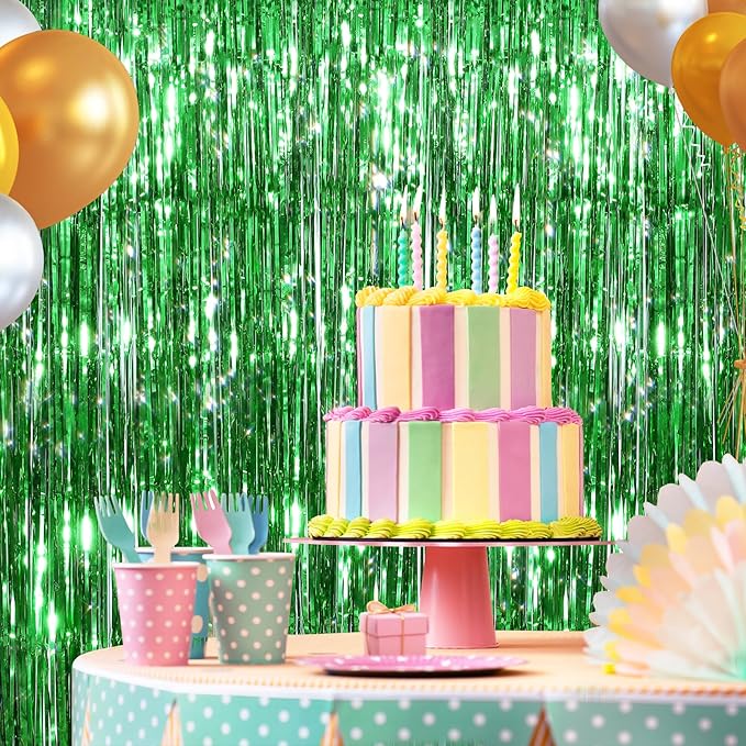 2 Pack Green Metallic Tinsel Foil Fringe Curtains, Door Streamers Photo Booth Backdrop for Birthday Party, Tinsel Curtain Backdrop for Baby Shower Bachelorette Christmas Party Decorations