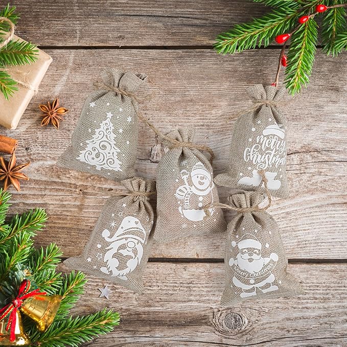 CCINEE 36pcs Christmas Burlap Bags, 4×6 Inch Drawstring Christmas Burlap Goody Gift Candy Bags with Double Jute Drawstrings Xmas Treat Bags for Candy Wrapper Xmas Party Favors