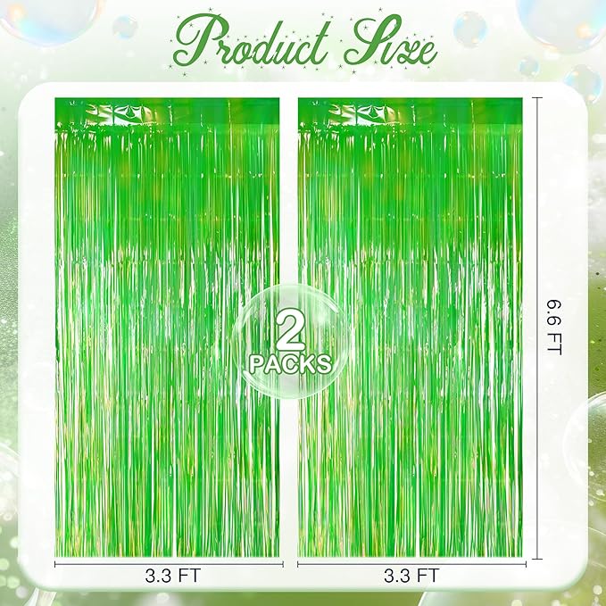 2 Pack Green Iridescent Streamers Backdrop, 3.3x6.6ft Foil Fringe Curtains Holographic Door Tinsel Streamers for Birthday, Wedding, Holiday, Bachelorette, Christmas Theme Party Decorations