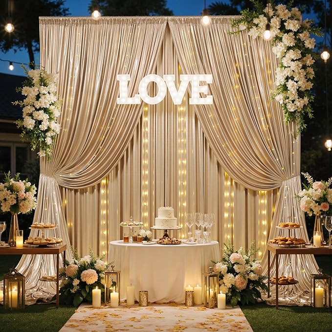 20x10 Champagne Sequin Backdrop Curtain with Lights-Wrinkle Free Thick Glitter Backdrop Drapes for Wedding Parties Events Halloween Decor-4 Panels 5×10ft Shimmer Photo Booth Background for Photography