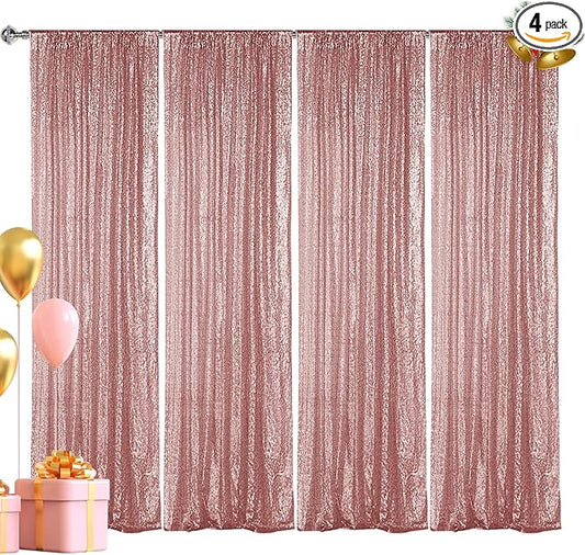 Hahuho Rose Gold Sequin Backdrop Curtain, 4PCS 2FTx8FT Glitter Backdrop Curtain for Parties, Christmas, Wedding, Party Decoration（4 Panels, 2FT x 8FT, Rose Gold