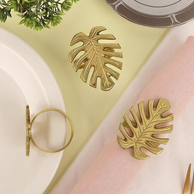 Napkin Rings Set of 12 Metal Napkin Holder Cuffs for Dinner Table Décor Monstera Leaf Farmhouse Modern Serviette Rings for Weddings, Parties, Receptions, Daily Use (Antique Gold) - ALPHA Living HOME