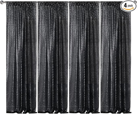 Sugargirl Halloween Black Sequin Backdrop Curtain 4 Panels 2FTx8FT Glitter Black Background Drapes Sparkle Photography Backdrop for Party Wedding Birthday Wall Decoration