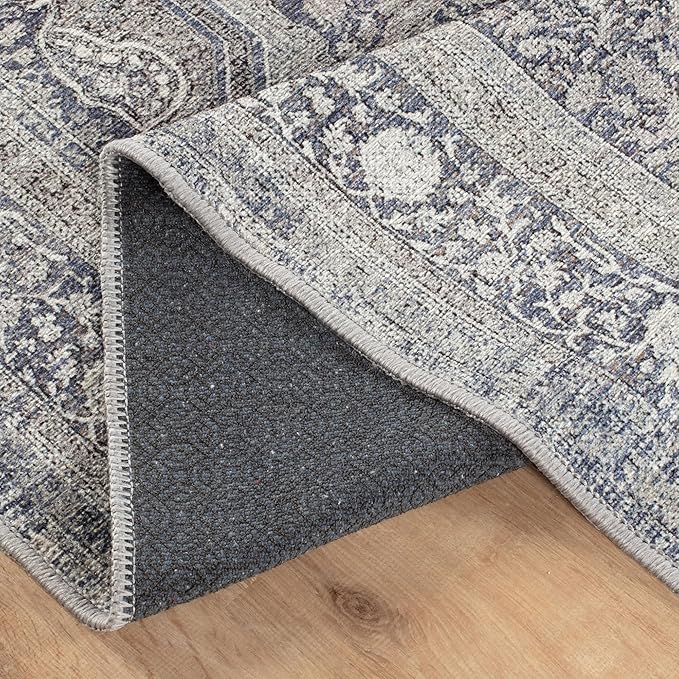 Bloom Rugs Washable Non-Slip 10 ft Runner - Blue/Steel Gray/Beige Traditional Medallion Runner for Entryway, Hallway, Bathroom, and Kitchen - Exact Size: 2.5' x 10'