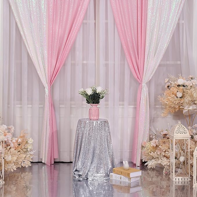 Pink Sequin Backdrop Curtains,2 Panels 2ft x 8ft Sequin Photography Backdrop Curtain for Wedding Party Xmas Decoration, Pink