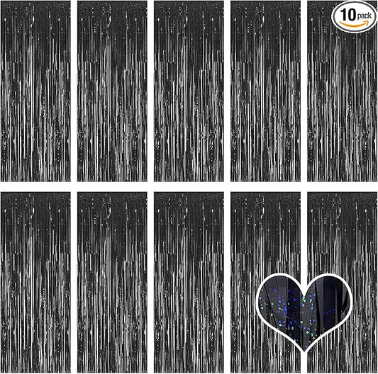 10 Pack Black Backdrop Curtain 3.2ft x 8.2ft Metallic Tinsel Foil Fringe Curtains Photo Booth Background for Birthday Party Decoration Baby Shower Engagement Wedding Christmas Decoration (Black)