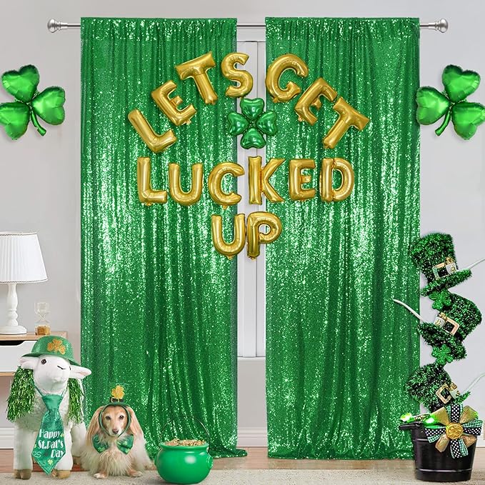 Poise3EHome 2Pcs 3Ft x 8Ft Green Sequin Backdrop Curtain, Glitter Photography Background, Sequence Xmas Thanksgiving Backdrop