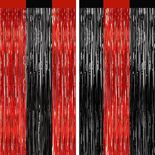 2 Pack Black and Red Foil Fringe Curtains Party Decorations, Tinsel Curtain Backdrop Streamers for Birthday Graduation Fiesta Stranger Theme Halloween Christmas Party Decors Supplies Door Streamers
