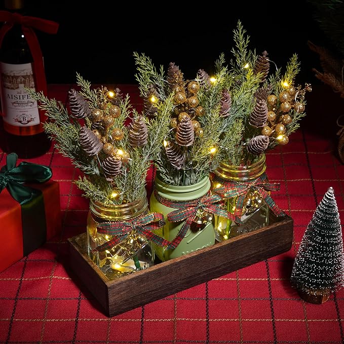 3 Pcs Mason Jar Centerpiece Decorations for Christmas Table Decor Farmhouse Coffee Table Decor Christmas Kitchen and Room Decor,Green