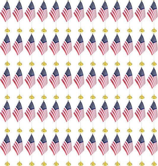 100 Pack USA US Desk Flags,Small Mini American Deluxe Table Flags Set with Stand Base，8.2 x 5.5 inches Miniature Desktop Flag
