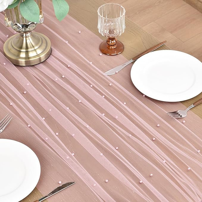 Joanlody Fall Pearl Table Runner 10ft Rustic Boho Tulle Table Runner with Pearls for Baby Shower Wedding Party Veil Dessert Thanksgiving Table Decor Dusty Rose