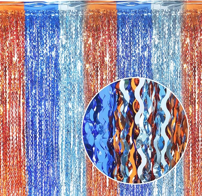 3 Pack Wavy Blue Dog Tinsel Backdrop Party Decorations - 3.3x6.6ft Orange and Dark Light Blue Metallic Foil Fringe Streamers for Birthday Party Supplies Photo Booth Prop Backdrop