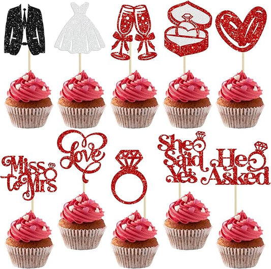 Gyufise 30Pcs She Said Yes Cupcake Toppers Glitter Diamond Ring I Do Love Cupcake Picks Miss to Mrs He Asked Bridal Shower Wedding Engagement Bachelorette Cake Decoration Red