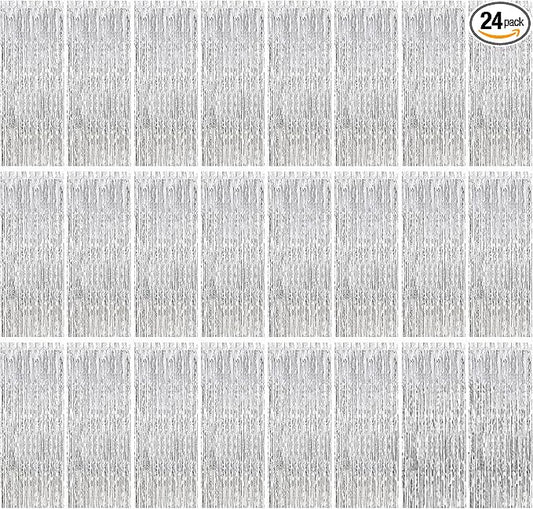 24 Pack Silver Metallic Foil Fringe Curtains, 3.2ft x 8.2ft Foil Fringe Curtain Backdrop Foil Streamers Party Supplies Tinsel Curtain Backdrop for Parties/Birthday/Halloween/Photo Booth