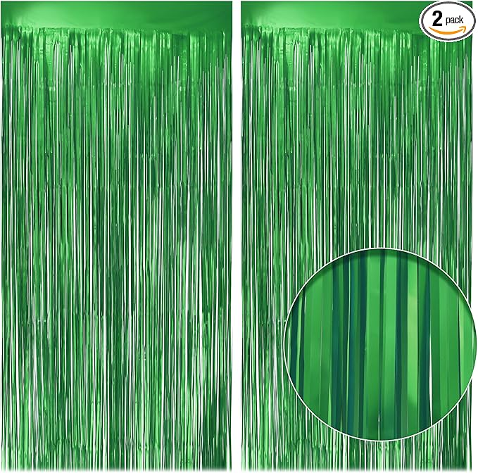2 Pack Metallic Green Fringe Backdrop, 3.2x8.2ft Shining Foil Tinsel Curtains, Birthday Party Decorations Door Streamers for Halloween, Christmas, Wedding, Graduation, Holiday, Theme Events