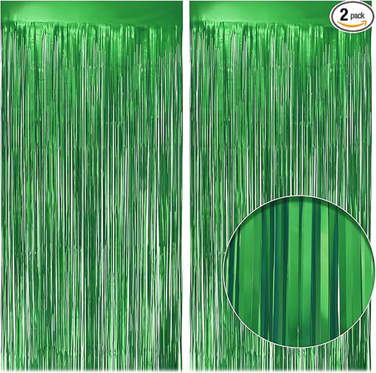 2 Pack Metallic Green Fringe Backdrop, 3.2x8.2ft Shining Foil Tinsel Curtains, Birthday Party Decorations Door Streamers for Halloween, Christmas, Wedding, Graduation, Holiday, Theme Events