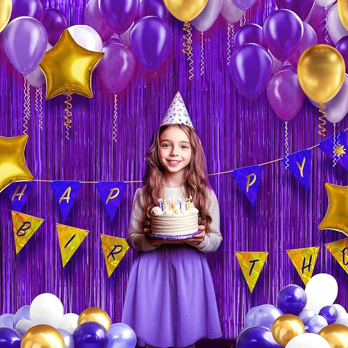 2 Pack Metallic Purple Fringe Backdrop, 3.2x8.2ft Shining Foil Tinsel Curtains, Birthday Party Decorations Door Streamers for Halloween, Christmas, Wedding, Graduation, Holiday, Theme Events
