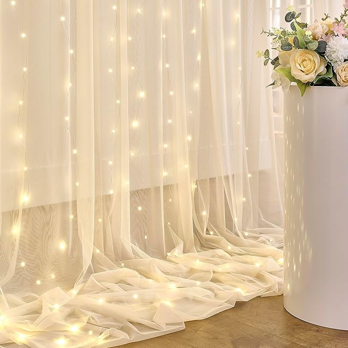 Champagne Tulle Photo Backdrop Curtain with Lights String for Parties Wedding Bridal Shower Sheer Champagne Curtain Backdrop for Birthday Party Baby Shower Photo Booth Photography 20ft x 10ft