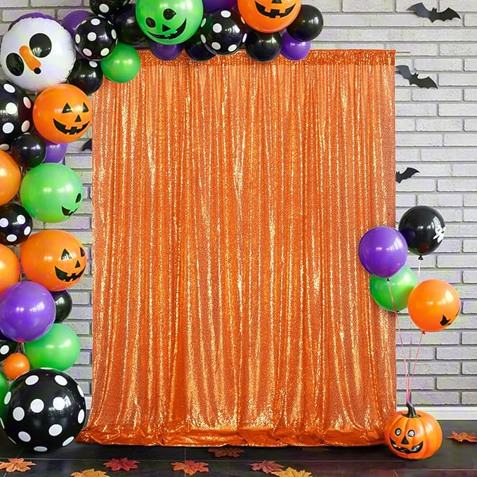 Eternal Beauty Orange Sequin Backdrop, 8x10 Ft Halloween Glitter Background Curtains for Shimmer Photography Party Wedding Birthday Back Drop Decor