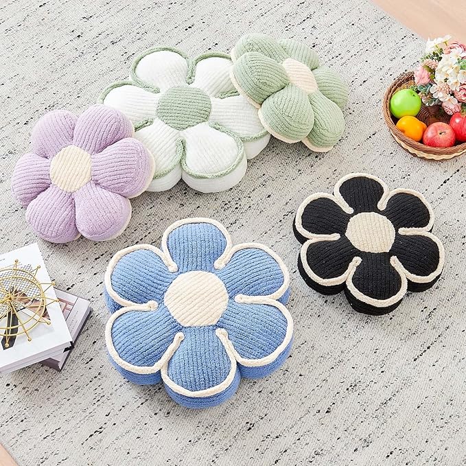 Flower Pillow, Soft Flower Decorative Throw Pillow, Cute Daisy Flower Shaped Seating Floor Cushion Room Décor Plush Pillows for Sofa Couch Bed (17.7 Inch, Black)