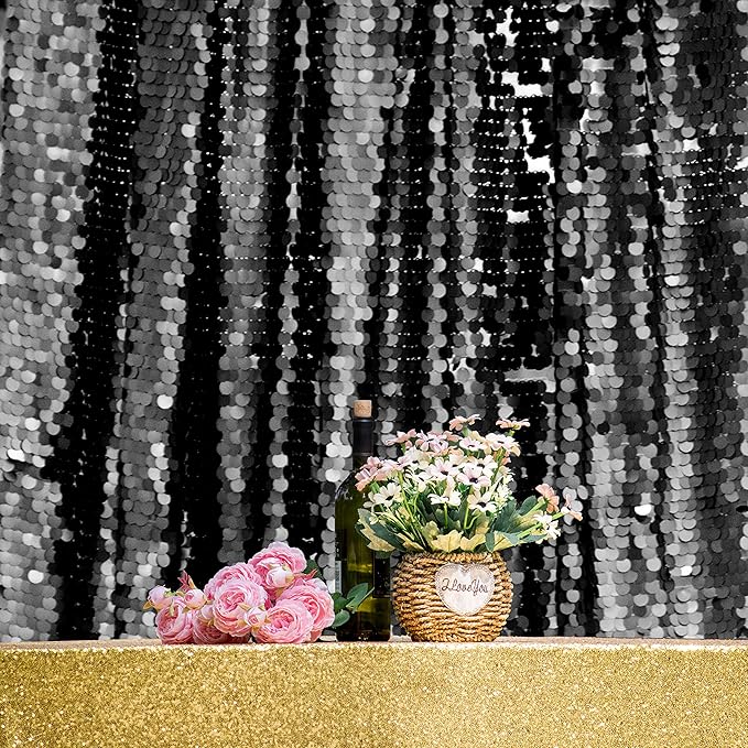 JYFLZQ Black Payette Sequin Backdrop Curtains 4ft x 8ft 2 Panels Shimmer Wall Backdrop Big Sequin Background Thick Glitter Photo Booth Backdrops for Birthday Graduation Prom Parties