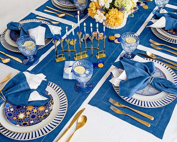 Solino Home Linen Table Runner 36 Inches - 100% Pure Linen Indigo Blue Hemstitch Table Runner 14 x 36 Inch Ideal for Dresser and Coffee Tables - Fall, Autumn, Christmas, Holiday - Classic Hemstitch