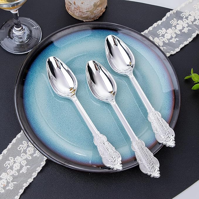 WDF 100 Piece Silver Plastic Spoons Disposable - 6.93 Inch Baroque Silver Silverware for Dessert Cake - Heavy Duty Plastic Spoons for Christmas Party, Wedding or Daily Using