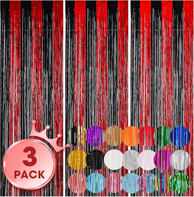 3 Pack 3.3x8.2 Feet Red and Black Foil Fringe Backdrop Curtains, Tinsel Streamers Birthday Party Decorations, Fringe Backdrop for Graduation, Casino, Red Carpet, Halloween Party