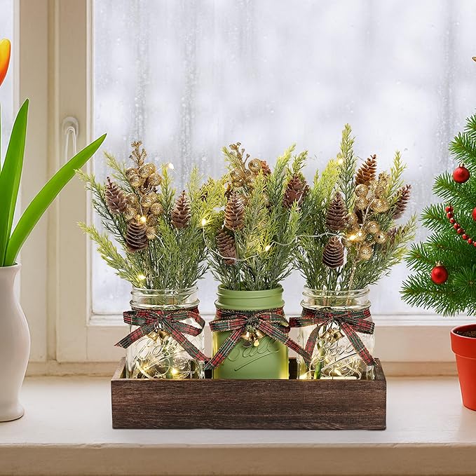 3 Pcs Mason Jar Centerpiece Decorations for Christmas Table Decor Farmhouse Coffee Table Decor Christmas Kitchen and Room Decor,Green