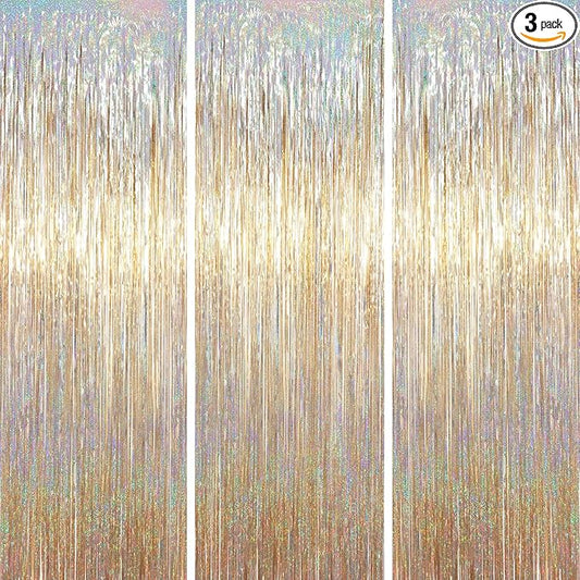 3 Pack 3.3 x 6.6 ft Champagne Foil Fringe Backdrop, Tinsel Streamers Party Decorations, Fringe Backdrop for Birthday, Photo Booth Props for Bachelorette, New Years Eve Party Supplies