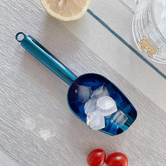 Metal Ice Scoop 3 Oz, Small Stainless Steel Ice scooper for Ice Maker Ice Bucket Kitchen Freezer Bar Party Wedding, Multipurpose for Coffee Bean,Flour Scoop,Dog Food Scoop (3 OZ-Blue)