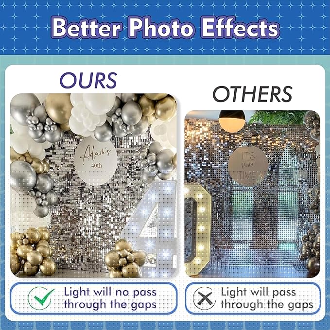 Qcity Blue Shimmer Wall Backdrop 24PCS, Black Back Not See-Through Design, Square Sequin Glitter Backdrop Panel, Perfect for Outdoor Events, Birthdays, Wedding and Party Decoration