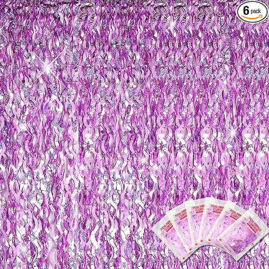 Jutom 6 Pieces 3.3 x 6.6 ft Wavy Tinsel Foil Fringe Curtains Foil Fringe Streamer Backdrop Party Curtain for Sea Mermaid Baby Shower Birthday Party Decoration(Light Purple)