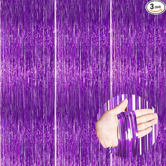 PartyWoo Purple Streamers Foil Fringe Curtain 3pcs 8.2ft Metallic Tinsel Lavender Backdrop for Birthday Graduation Bachelorette Mardi Gras Door Supplies Photo Booth Wedding Party Decorations