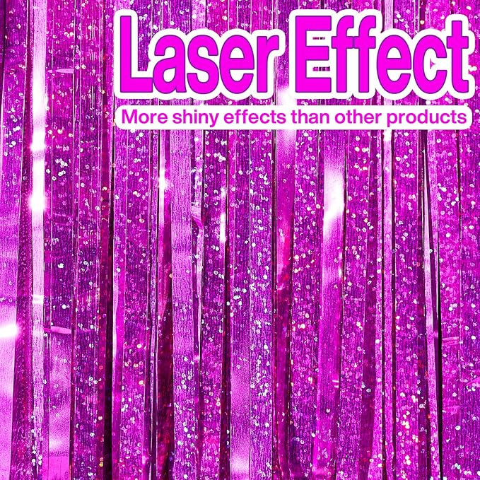 PartyWoo Foil Fringe Curtain Hot Pink, 2 pcs Hot Pink Streamers, Fringe Backdrop, Tinsel Backdrop, Tinsel Curtain, Metallic Door Shimmer, Birthday Party Streamers