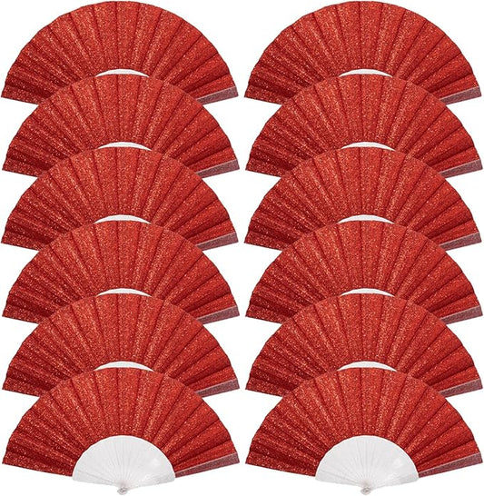 12 Pack Handheld Fan,Folding Hand Glitter Fan with Shining Transparent Fan Rib – Ideal for Wedding, Church, Festival, Dance, Tea Party, Club, and EDM Accessories, Red