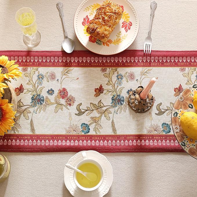 patdrea Designer Farmhouse Linen Table Runner, Rustic Cottage Mauve with Rooster and Floral Pattern Fabric Table Mat, Decoration for Kitchen Dining Coffee Table Banquet Christmas , 12"*102"