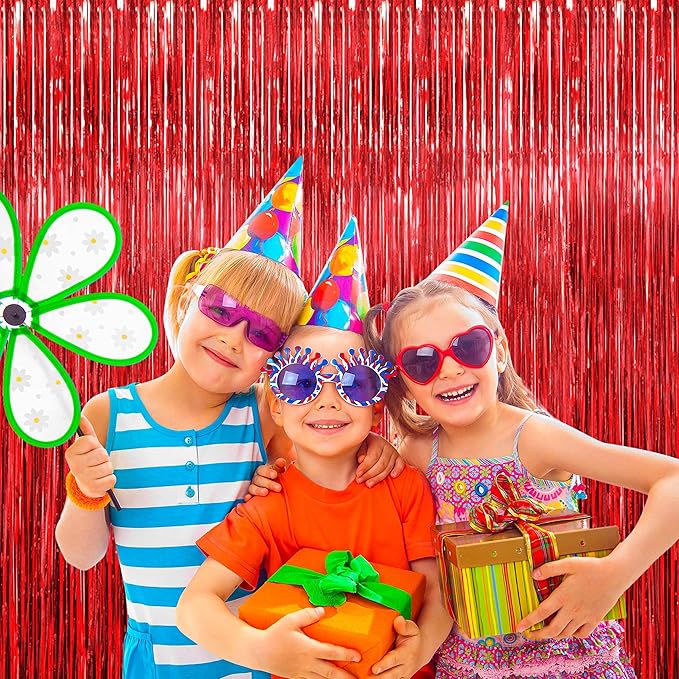 BTSD-home 10 Pack Red Foil Fringe Curtain, Metallic Photo Booth Backdrop Tinsel Door Curtains for Wedding Birthday Bridal Shower Valentine Bachelorette Christmas Party Decorations(8ft x 3ft)
